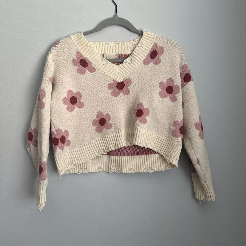 Altar'd State V-Neck Sweater in Cream and Pink